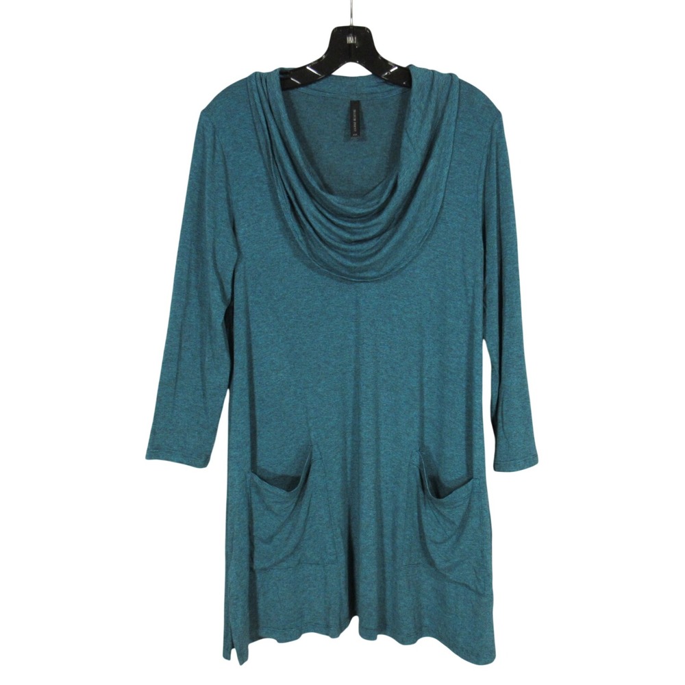MATCH POINT Soft KNIT LINEN Green/Black STRIPES Pockets COWL NECK Blouse/Tunic S
